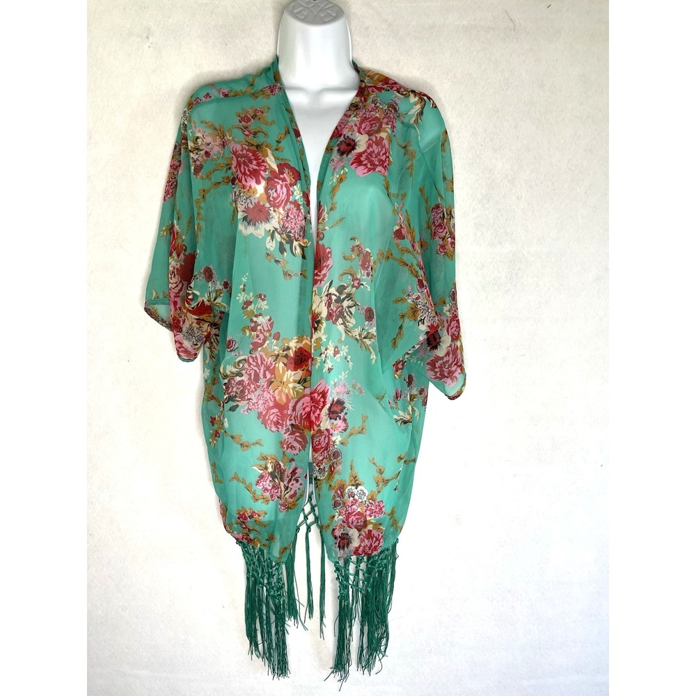 Boho Floral Green Kimono Cover Up Cardigan Macrame Fringe One‎ Size Hippie Fairy